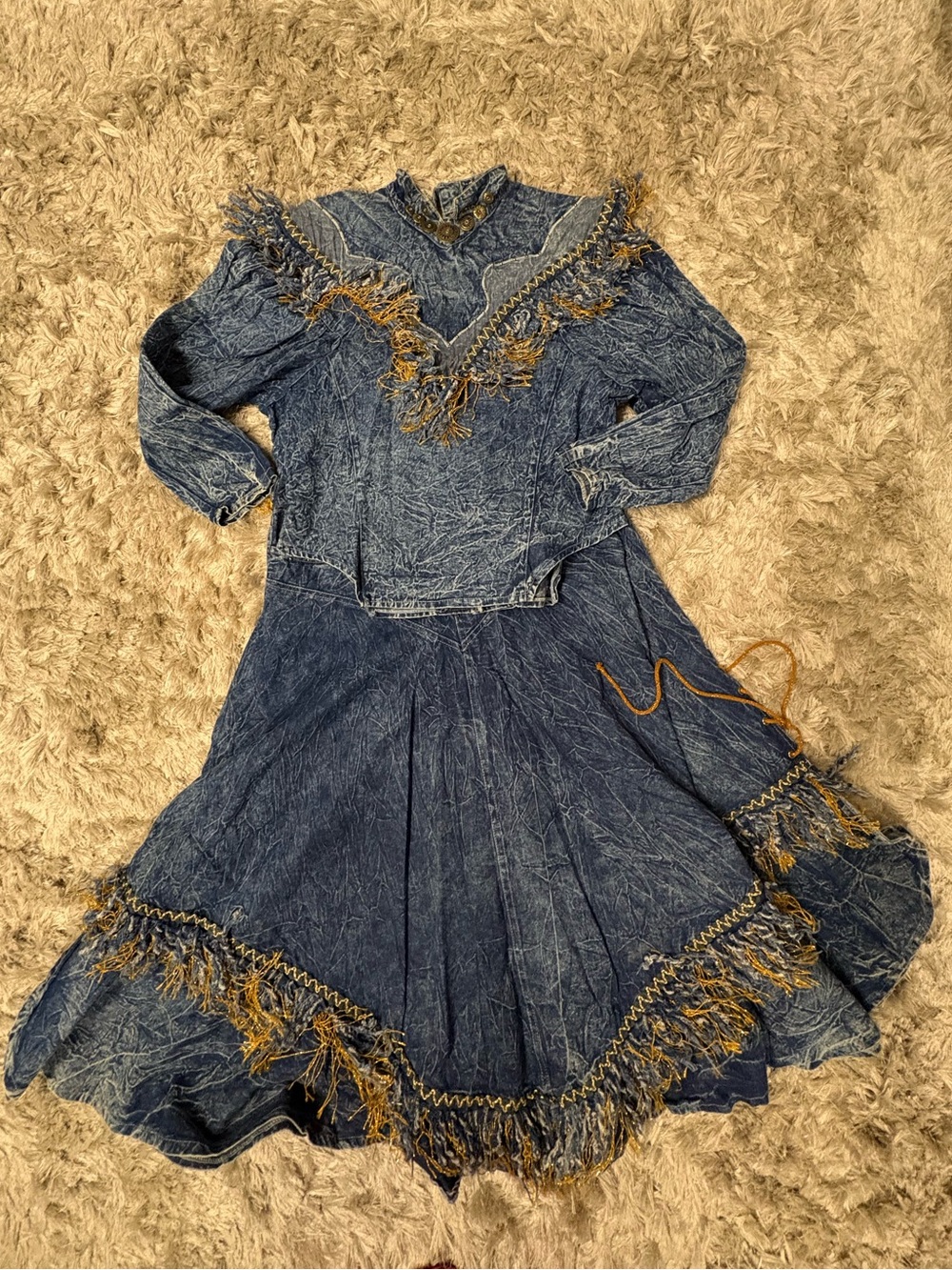 Vintage Carelli Blue Denim Two-Piece Fringe Dress Set Szlarge
